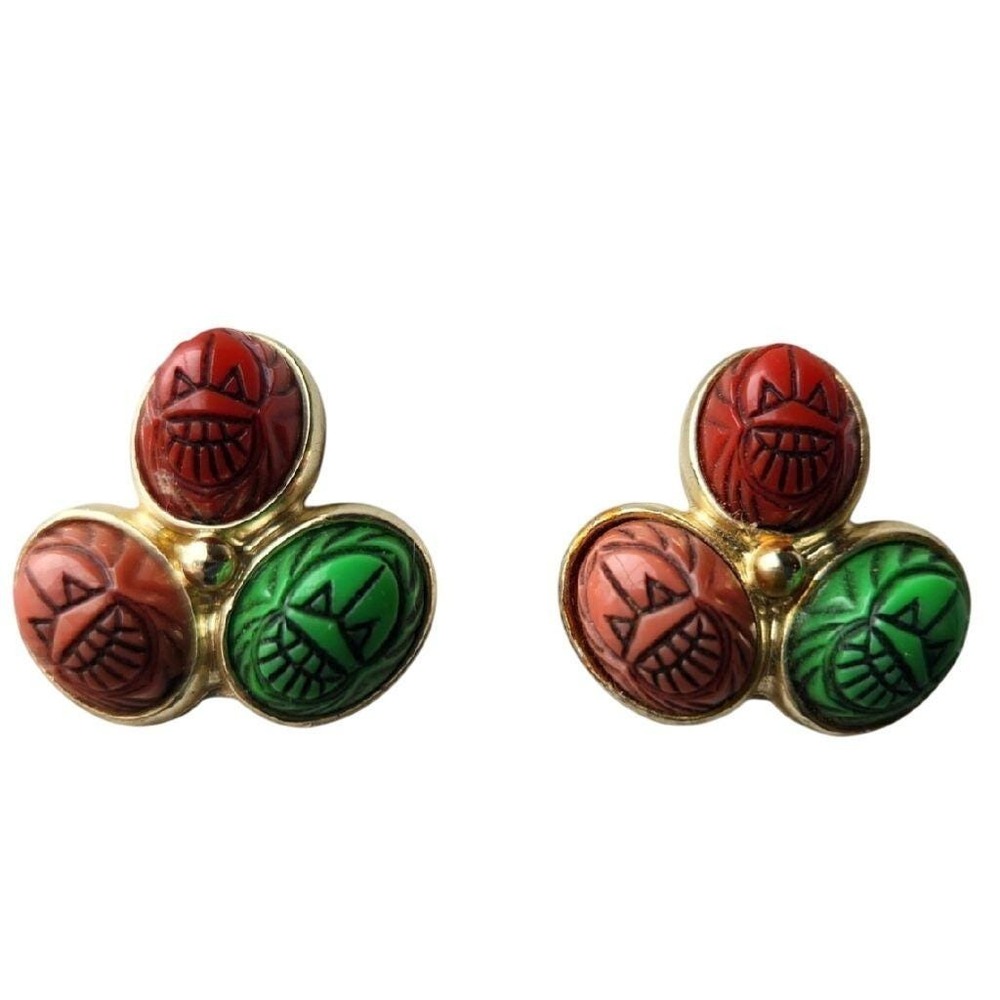 1960s Scarab Clip On Earrings Gold Tone Egyptian Revival Jewelry Green Red Brown